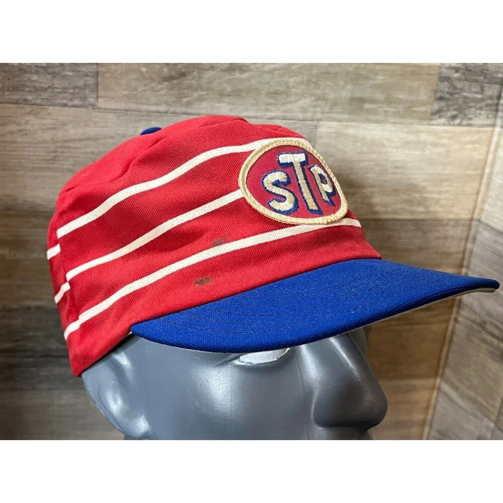 Vintage New Era Custom STP Racing Snapback Pillbox Hat Red w/ White Stripes